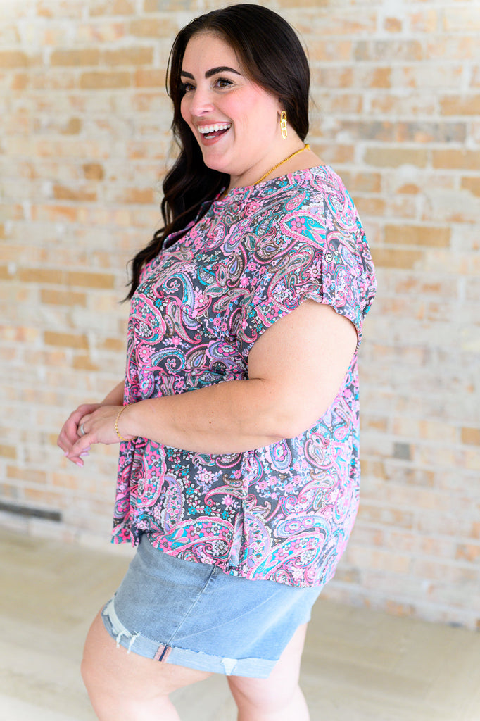 Lizzy Cap Sleeve Top in Charcoal and Pink Paisley-Tops-Villari Chic, women's online fashion boutique in Severna, Maryland