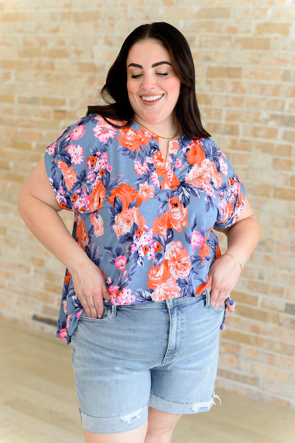 Lizzy Cap Sleeve Top in Dusty Blue and Coral Roses-Tops-Villari Chic, women's online fashion boutique in Severna, Maryland