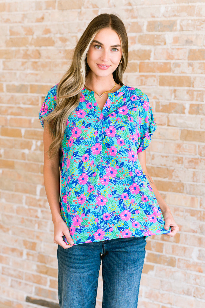 Lizzy Cap Sleeve Top in Mint and Lavender Floral-Tops-Villari Chic, women's online fashion boutique in Severna, Maryland