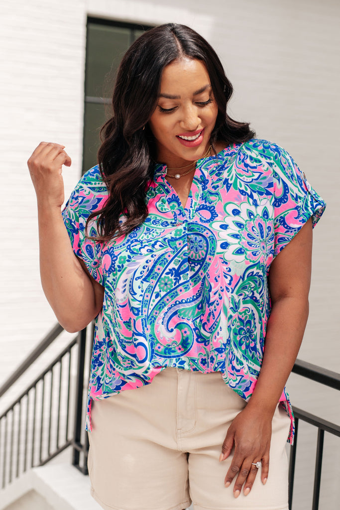 Lizzy Cap Sleeve Top in Pink and Jade Paisley Mix-Tops-Villari Chic, women's online fashion boutique in Severna, Maryland