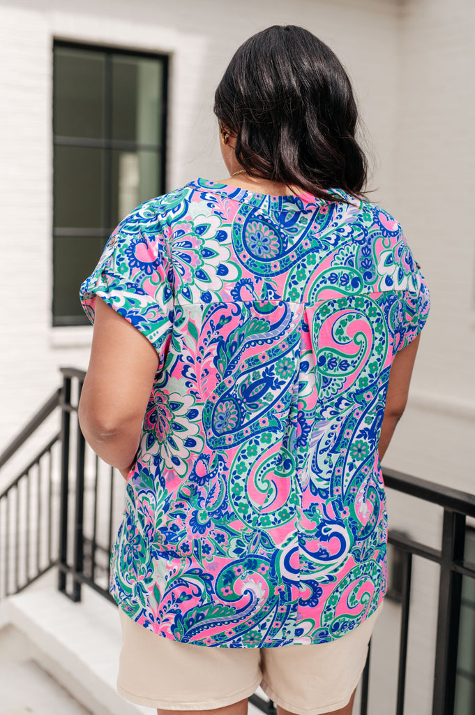 Lizzy Cap Sleeve Top in Pink and Jade Paisley Mix-Tops-Villari Chic, women's online fashion boutique in Severna, Maryland