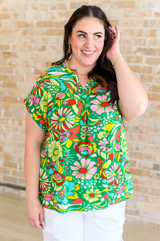 Lizzy Cap Sleeve Top in Retro Green Floral-Tops-Villari Chic, women's online fashion boutique in Severna, Maryland