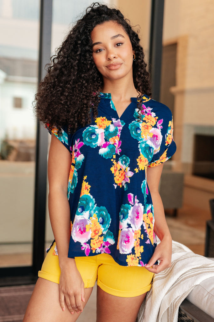 Lizzy Cap Sleeve in Navy and Pastel Bouquet-Tops-Villari Chic, women's online fashion boutique in Severna, Maryland