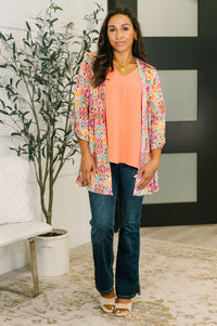 Lizzy Cardigan in Pink and Orange Floral Abstract-Womens-Villari Chic, women's online fashion boutique in Severna, Maryland