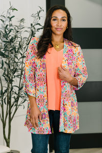 Lizzy Cardigan in Pink and Orange Floral Abstract-Womens-Villari Chic, women's online fashion boutique in Severna, Maryland