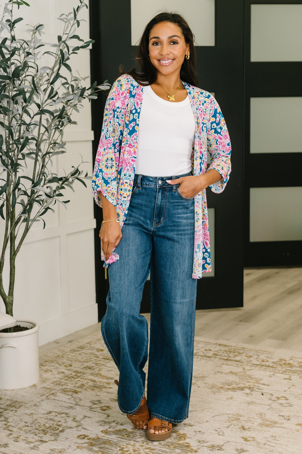 Lizzy Cardigan in Teal and Pink Floral Abstract-Womens-Villari Chic, women's online fashion boutique in Severna, Maryland