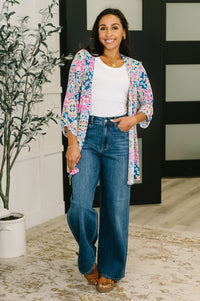 Lizzy Cardigan in Teal and Pink Floral Abstract-Womens-Villari Chic, women's online fashion boutique in Severna, Maryland