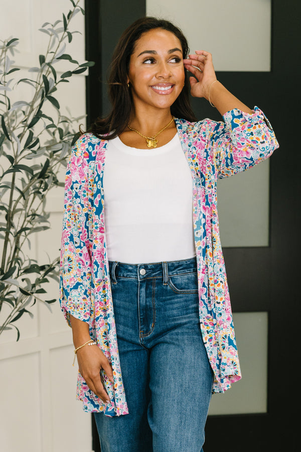 Lizzy Cardigan in Teal and Pink Floral Abstract-Womens-Villari Chic, women's online fashion boutique in Severna, Maryland