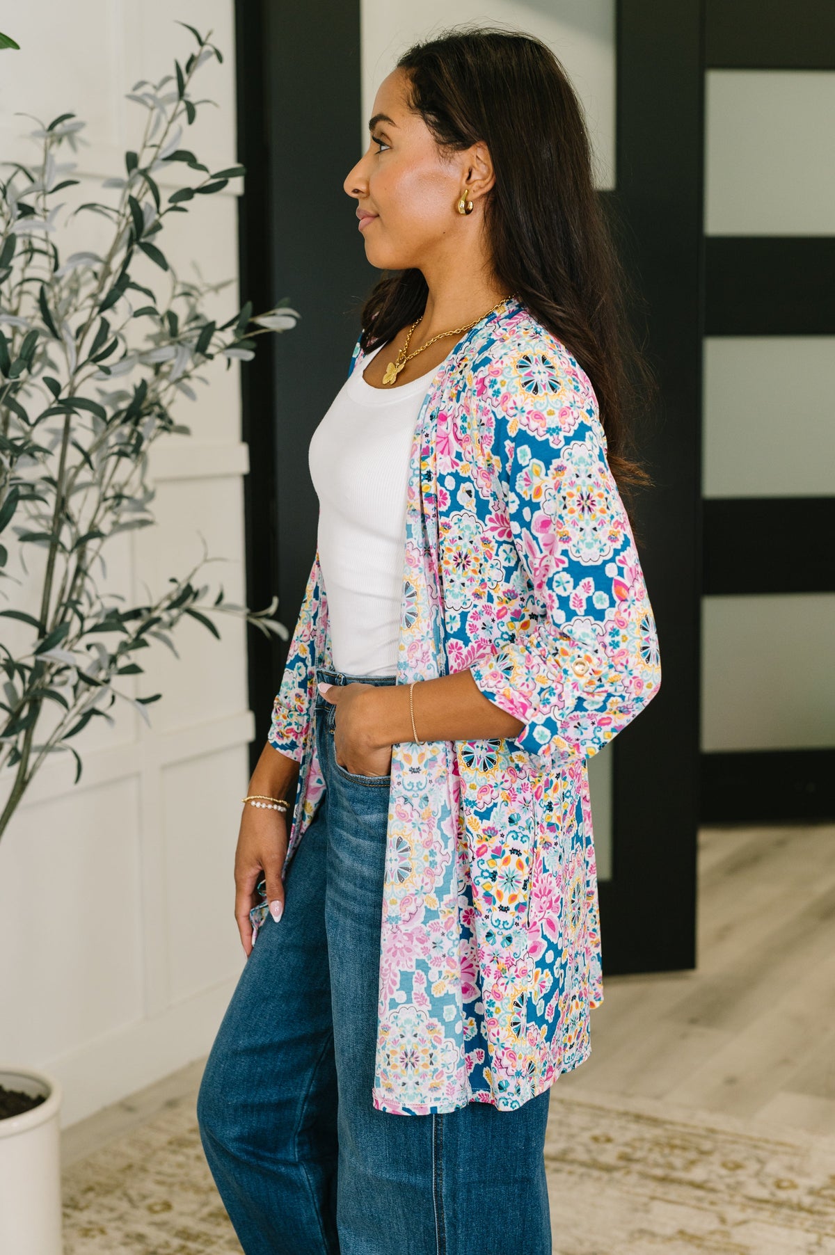 Lizzy Cardigan in Teal and Pink Floral Abstract-Womens-Villari Chic, women's online fashion boutique in Severna, Maryland