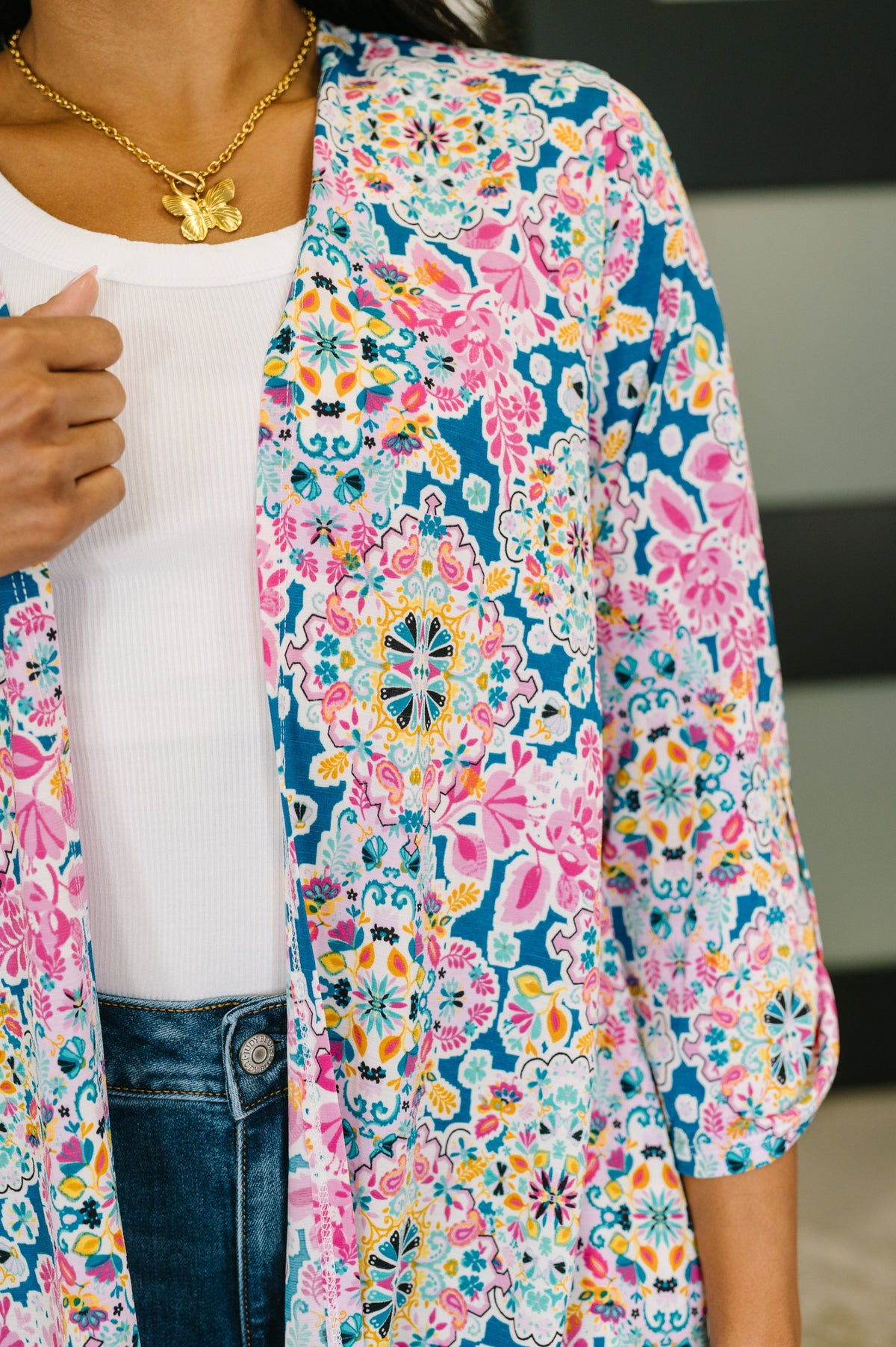 Lizzy Cardigan in Teal and Pink Floral Abstract-Womens-Villari Chic, women's online fashion boutique in Severna, Maryland