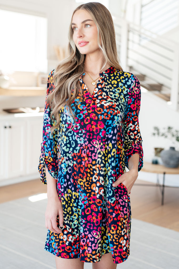 Lizzy Dress in Navy Rainbow Leopard-Dresses-Villari Chic, women's online fashion boutique in Severna, Maryland