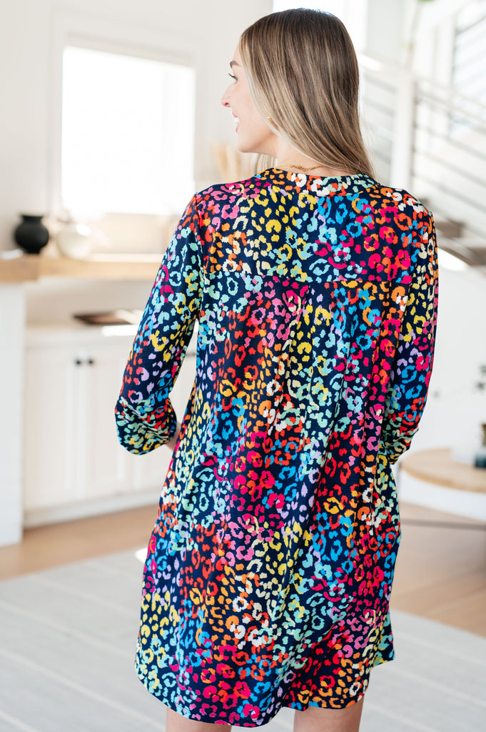 Lizzy Dress in Navy Rainbow Leopard-Dresses-Villari Chic, women's online fashion boutique in Severna, Maryland