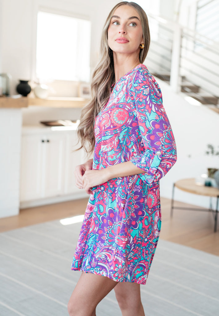 Lizzy Dress in Purple and Aqua Paisley-Dresses-Villari Chic, women's online fashion boutique in Severna, Maryland