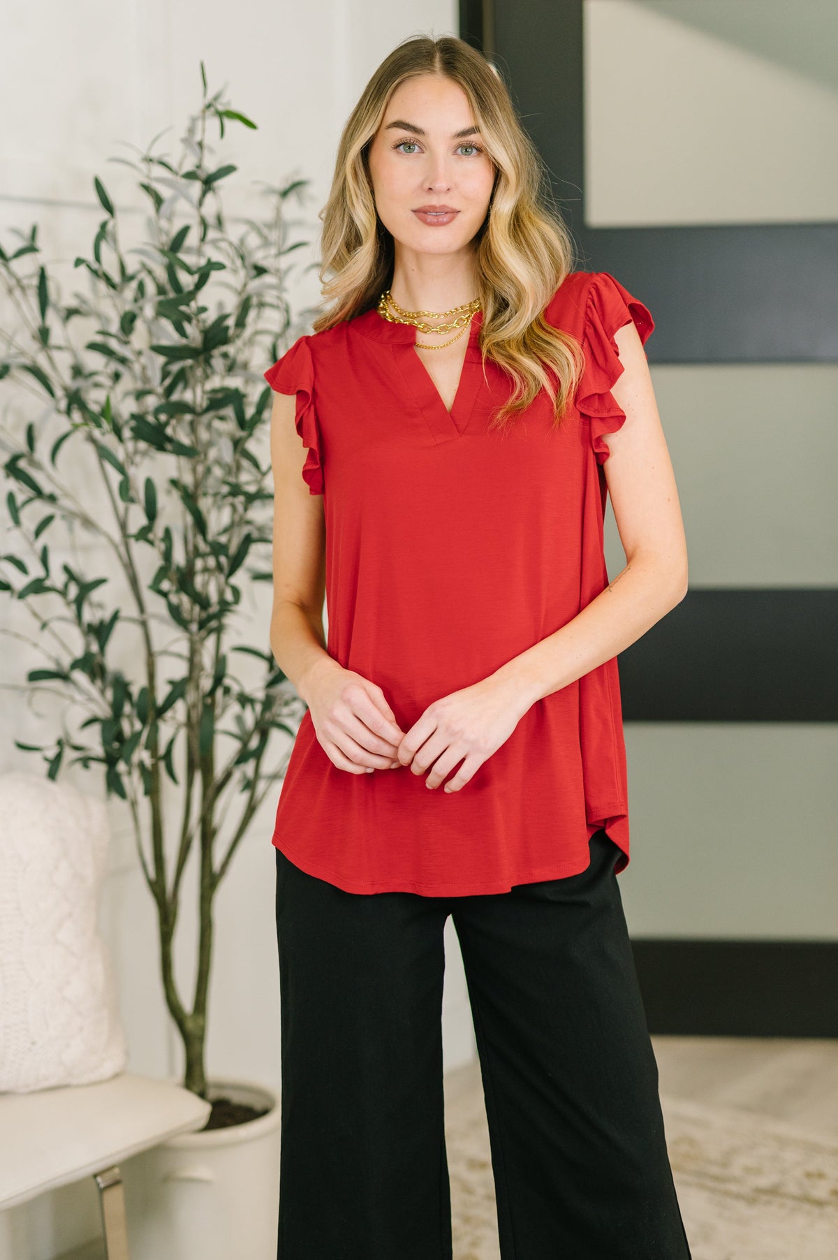 Lizzy Flutter Sleeve V-Neck Blouse in Red-Womens-Villari Chic, women's online fashion boutique in Severna, Maryland