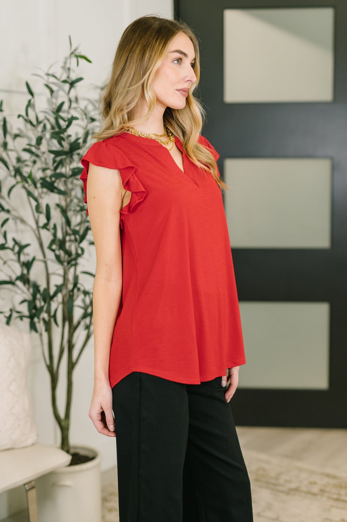Lizzy Flutter Sleeve V-Neck Blouse in Red-Womens-Villari Chic, women's online fashion boutique in Severna, Maryland