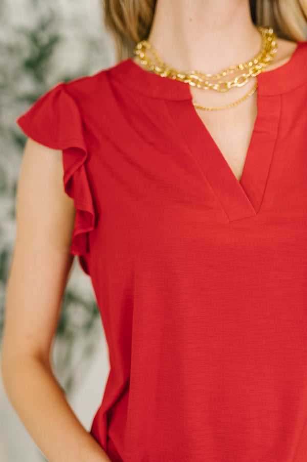 Lizzy Flutter Sleeve V-Neck Blouse in Red-Womens-Villari Chic, women's online fashion boutique in Severna, Maryland