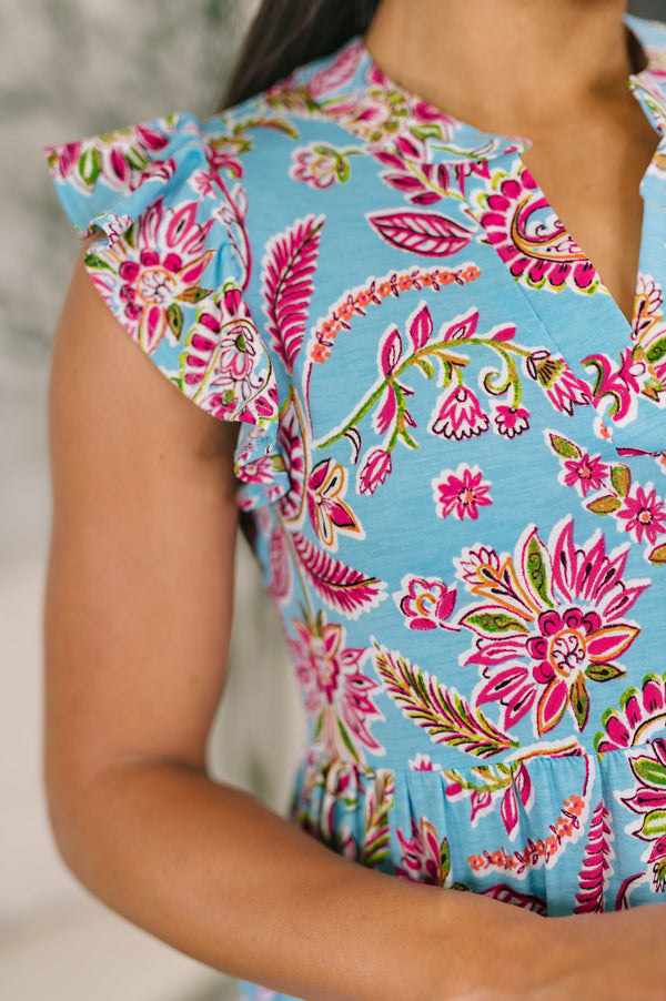 Lizzy Forever Flutter Sleeve Dress in Blue and Pink Paisley Floral-Womens-Villari Chic, women's online fashion boutique in Severna, Maryland