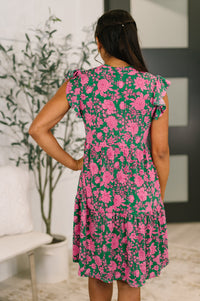 Lizzy Forever Flutter Sleeve Dress in Green and Pink Floral-Womens-Villari Chic, women's online fashion boutique in Severna, Maryland