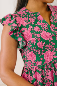 Lizzy Forever Flutter Sleeve Dress in Green and Pink Floral-Womens-Villari Chic, women's online fashion boutique in Severna, Maryland