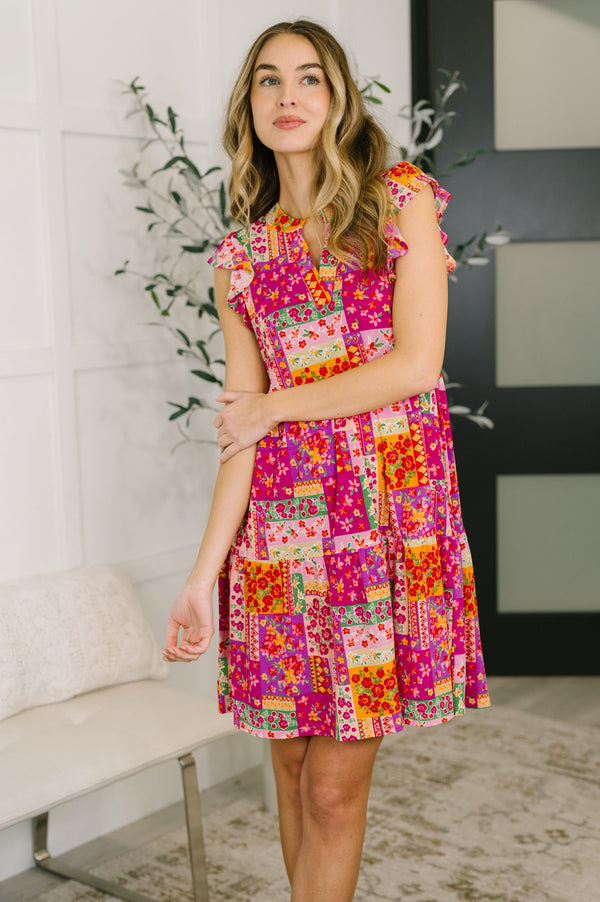Lizzy Flutter Sleeve Dress in Patchwork Floral-Womens-Villari Chic, women's online fashion boutique in Severna, Maryland