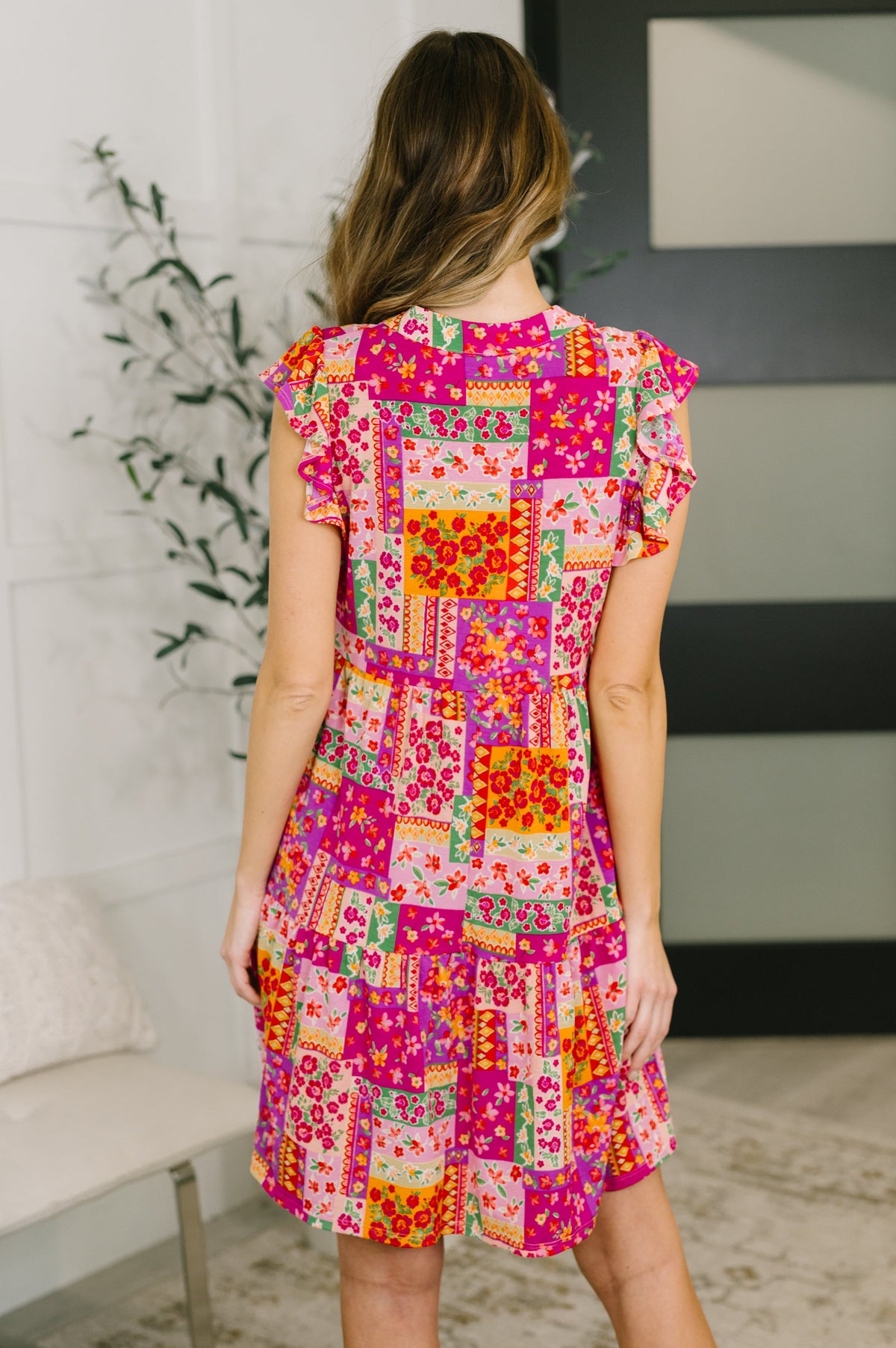 Lizzy Flutter Sleeve Dress in Patchwork Floral-Womens-Villari Chic, women's online fashion boutique in Severna, Maryland