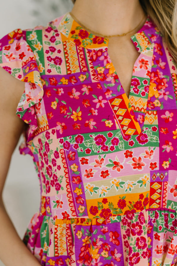 Lizzy Flutter Sleeve Dress in Patchwork Floral-Womens-Villari Chic, women's online fashion boutique in Severna, Maryland