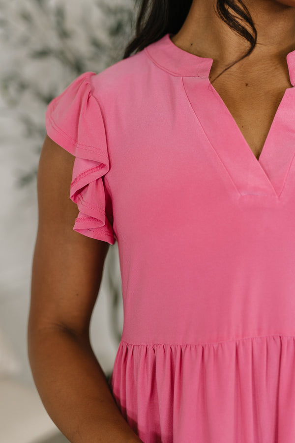 Lizzy Forever Flutter Sleeve Dress in Pink Glow-Womens-Villari Chic, women's online fashion boutique in Severna, Maryland