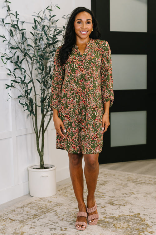 Lizzy Long Sleeve Dress in Olive Paisley-Womens-Villari Chic, women's online fashion boutique in Severna, Maryland