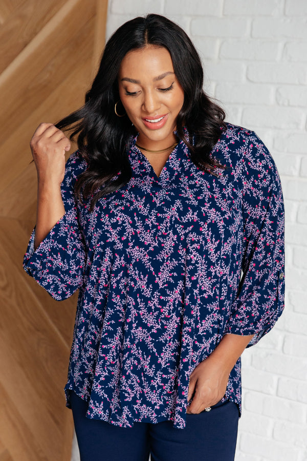 Lizzy Top in Navy and Magenta Petite Floral-Tops-Villari Chic, women's online fashion boutique in Severna, Maryland