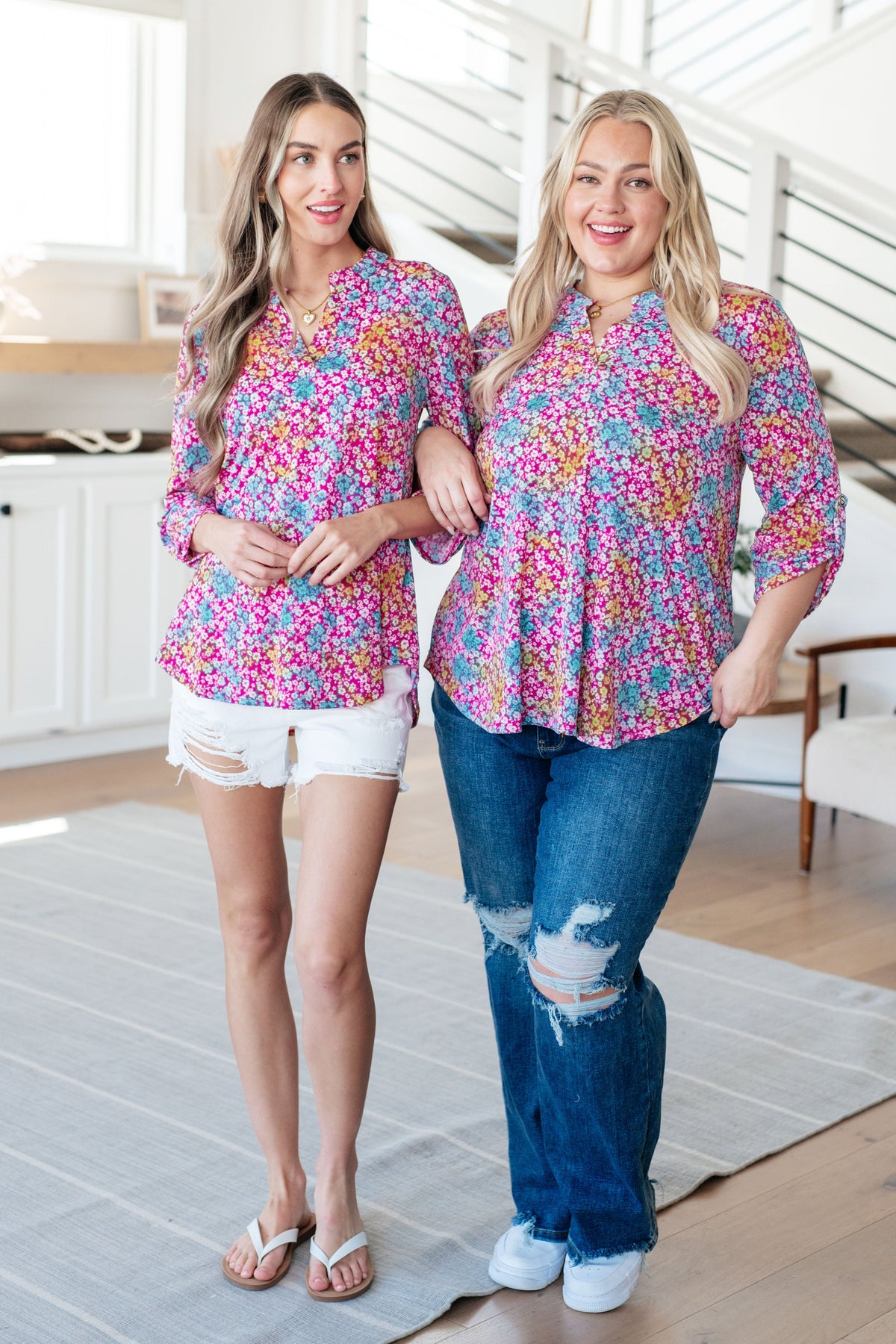 Lizzy Top in Pink and Aqua Ditsy Floral-Tops-Villari Chic, women's online fashion boutique in Severna, Maryland