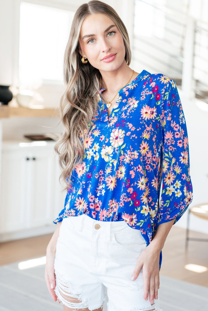 Lizzy Top in Royal and Blush Floral-Tops-Villari Chic, women's online fashion boutique in Severna, Maryland