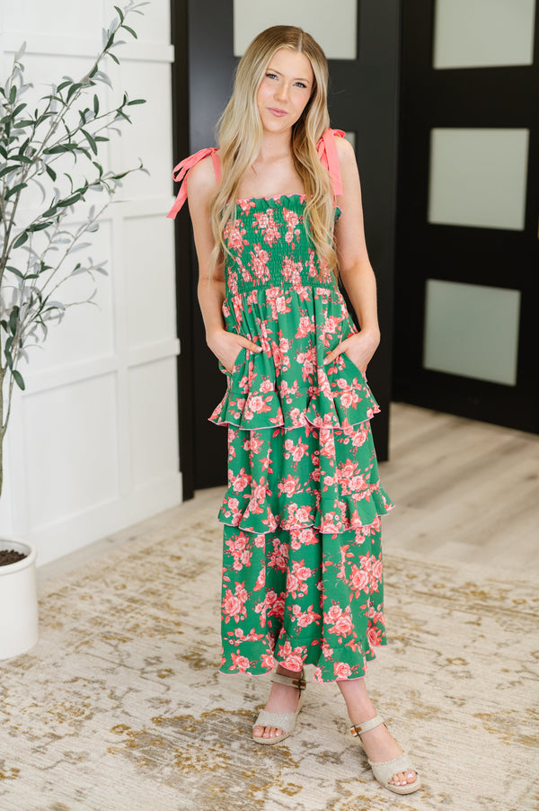 Low Effort, High Impact Tiered Dress in Green/Coral-Womens-Villari Chic, women's online fashion boutique in Severna, Maryland