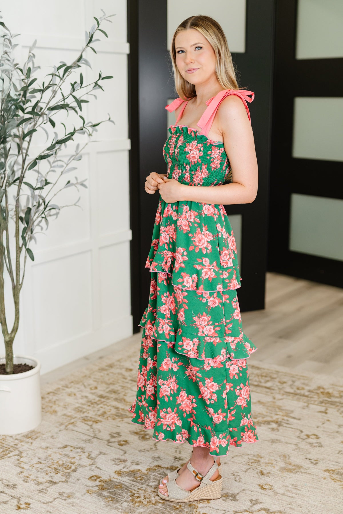 Low Effort, High Impact Tiered Dress in Green/Coral-Womens-Villari Chic, women's online fashion boutique in Severna, Maryland