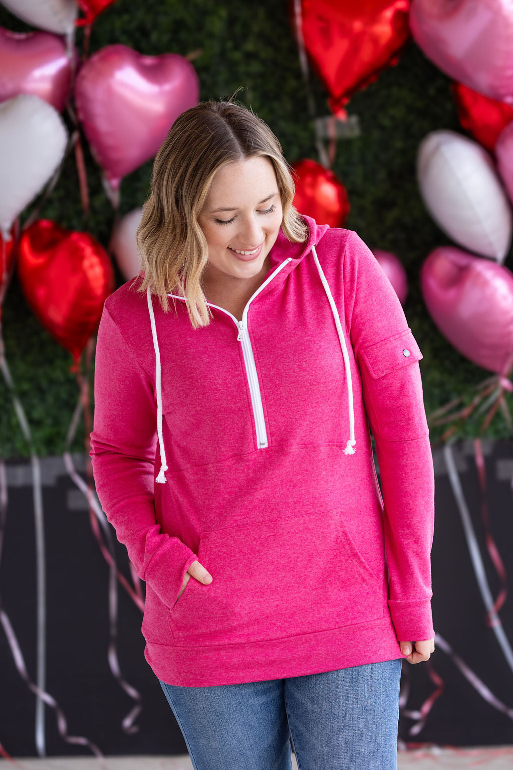 Pixie Pocket Halfzip Hoodie - Hot Pink-Hoodie-Villari Chic, women's online fashion boutique in Severna, Maryland