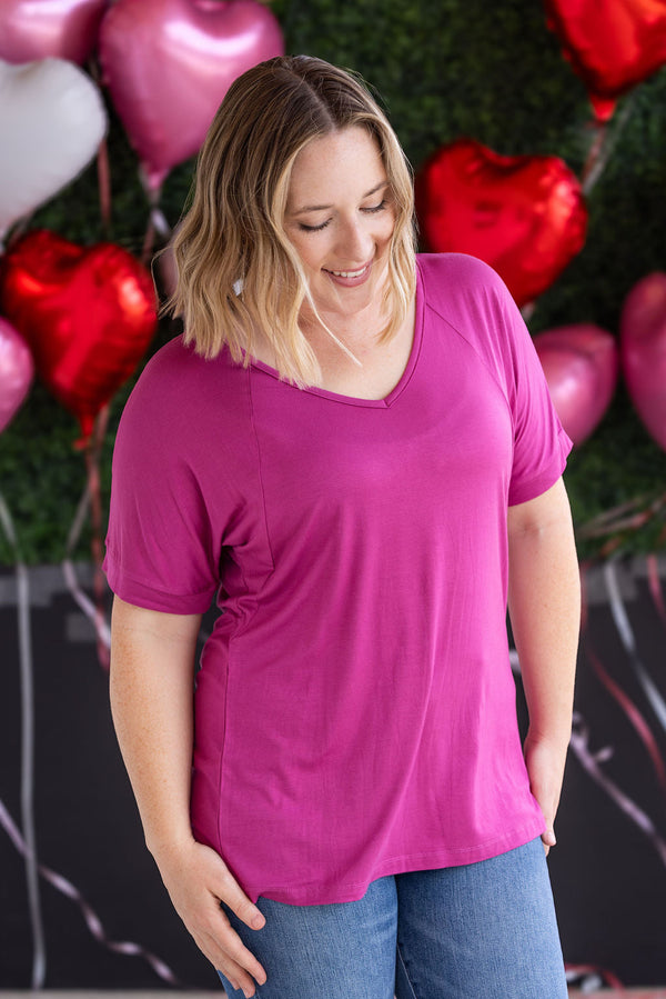 Bamboo V Neck Tee - Magenta-Tops-Villari Chic, women's online fashion boutique in Severna, Maryland