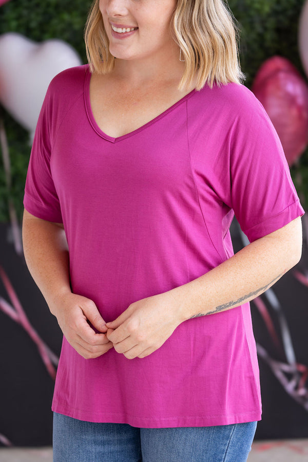 Bamboo V Neck Tee - Magenta-Tops-Villari Chic, women's online fashion boutique in Severna, Maryland