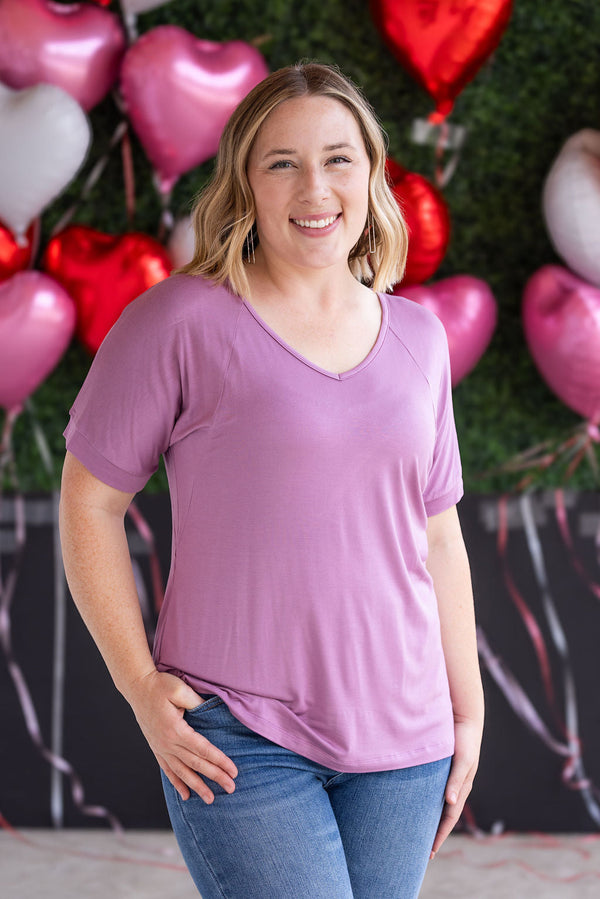 Bamboo V Neck Tee - Pink-Tops-Villari Chic, women's online fashion boutique in Severna, Maryland