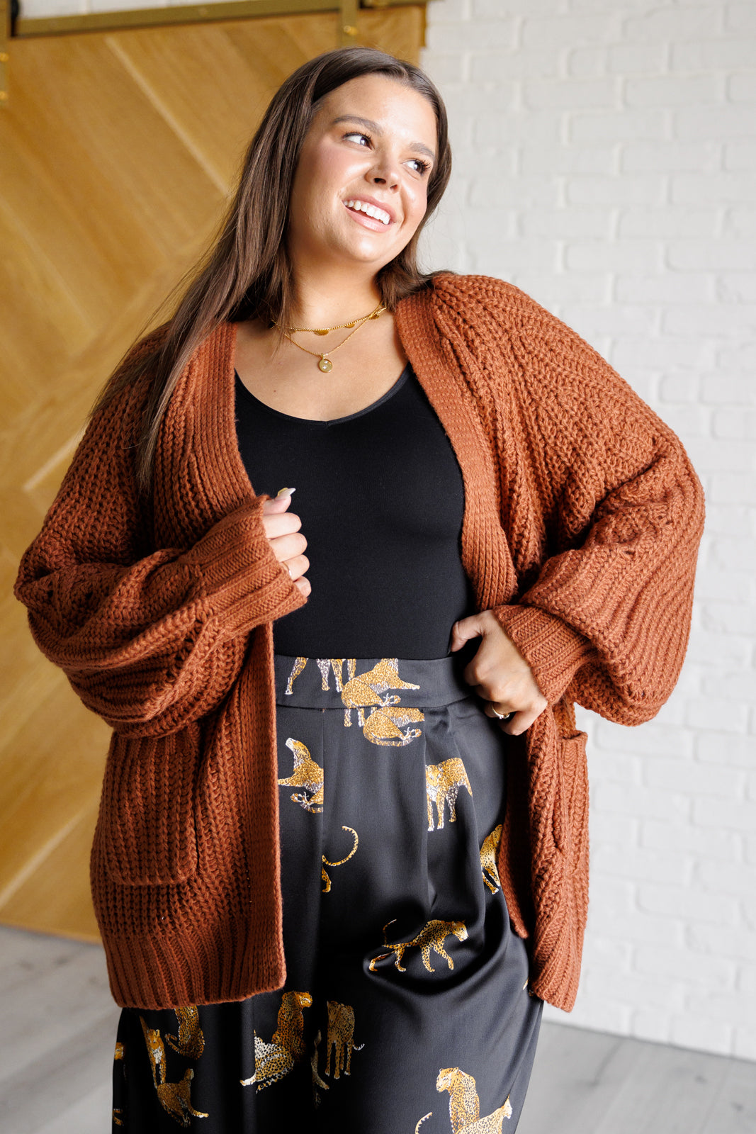 Maybe Monday Cardigan in Chestnut-Layers-Villari Chic, women's online fashion boutique in Severna, Maryland