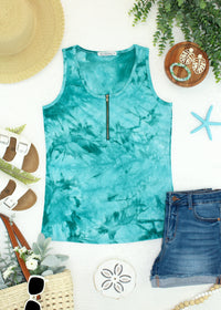Mila Zipper Tank - Teal Tie Dye-clothing-Villari Chic, women's online fashion boutique in Severna, Maryland