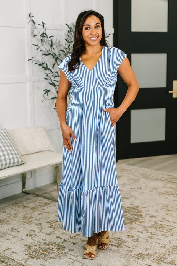 Only Chance Pleated Smock Waist Maxi Dress in Blue-Womens-Villari Chic, women's online fashion boutique in Severna, Maryland