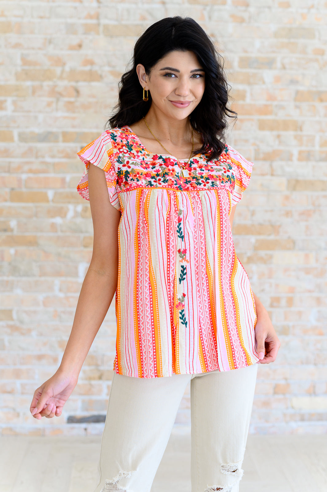 Orange Blossoms Flutter Sleeve Blouse-Tops-Villari Chic, women's online fashion boutique in Severna, Maryland