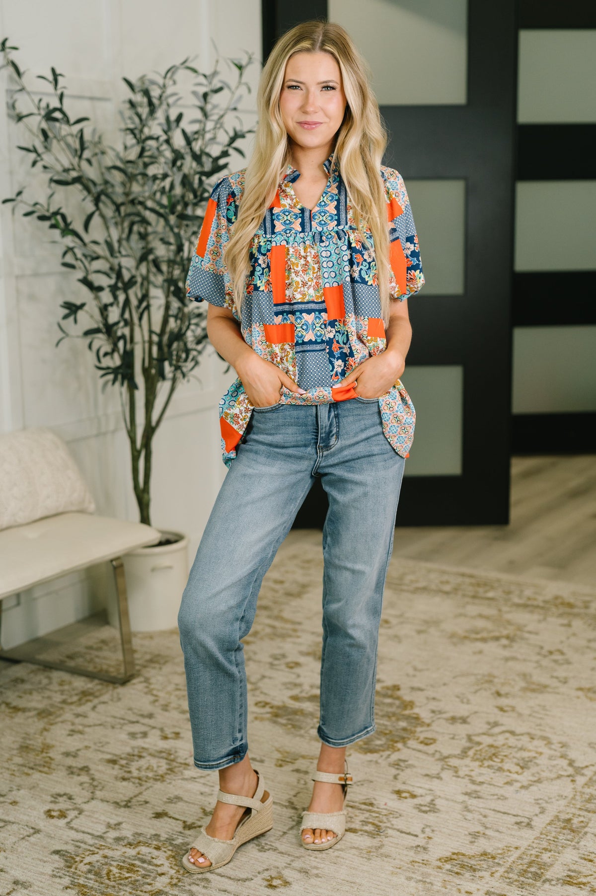 Pardon Me Patchwork Puff Sleeve Blouse-Womens-Villari Chic, women's online fashion boutique in Severna, Maryland