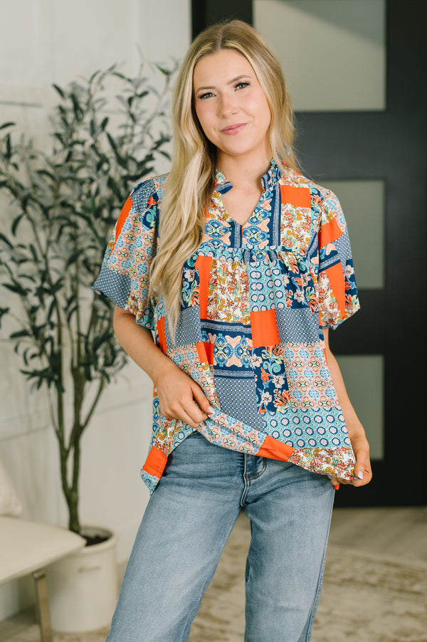 Pardon Me Patchwork Puff Sleeve Blouse-Womens-Villari Chic, women's online fashion boutique in Severna, Maryland
