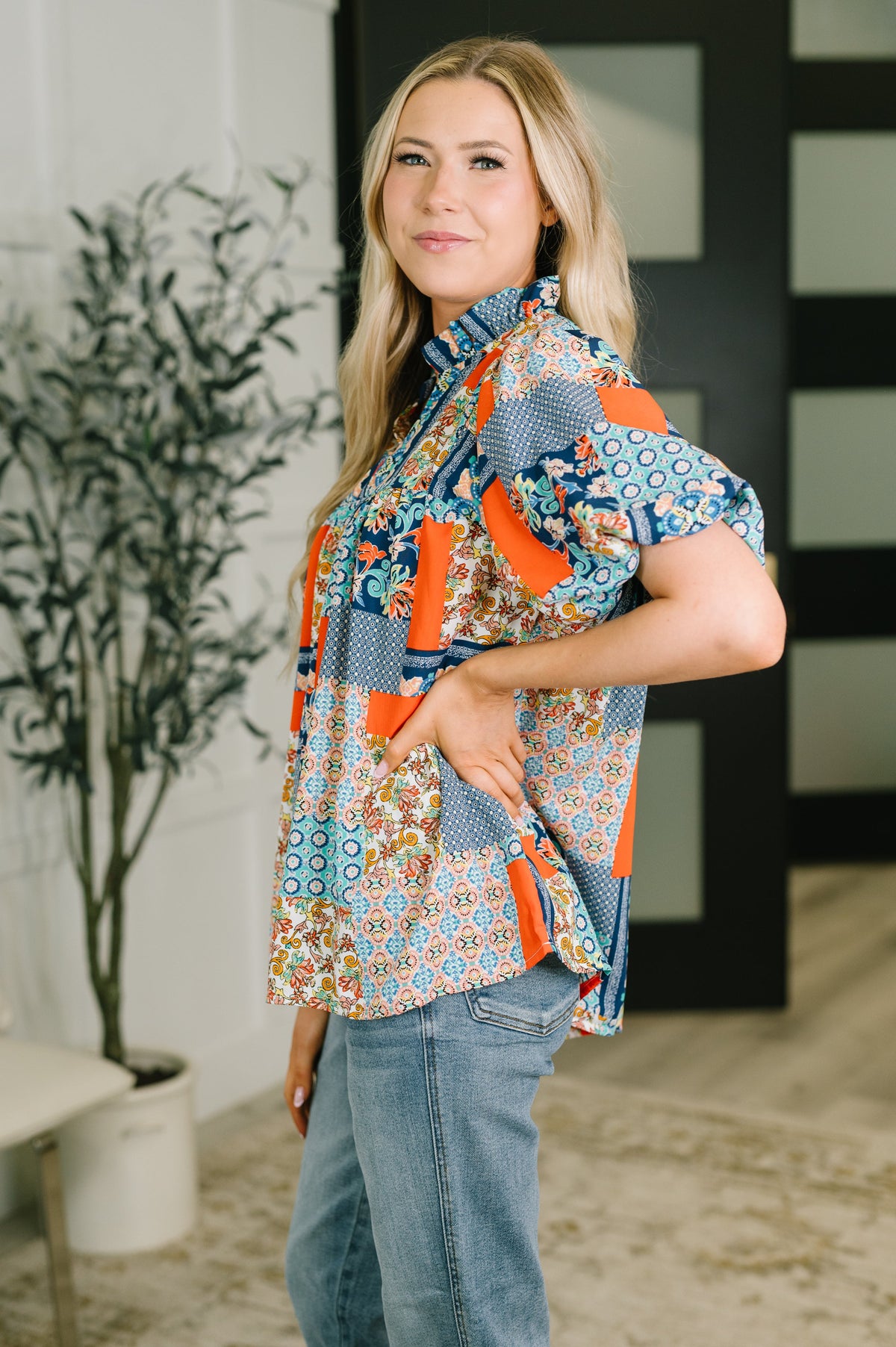 Pardon Me Patchwork Puff Sleeve Blouse-Womens-Villari Chic, women's online fashion boutique in Severna, Maryland