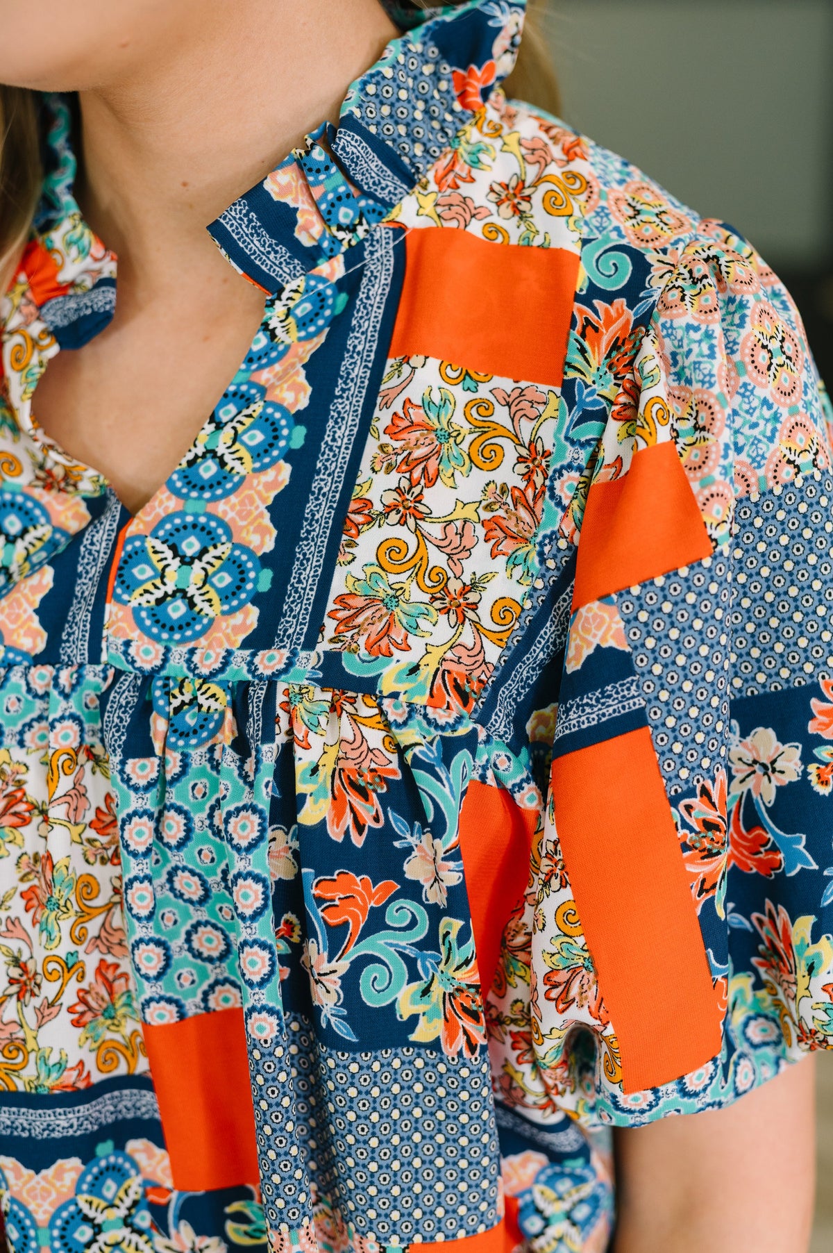 Pardon Me Patchwork Puff Sleeve Blouse-Womens-Villari Chic, women's online fashion boutique in Severna, Maryland