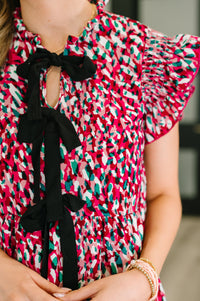 Pattern Pending Bow Detail Dress in Fuchsia and Black-Womens-Villari Chic, women's online fashion boutique in Severna, Maryland
