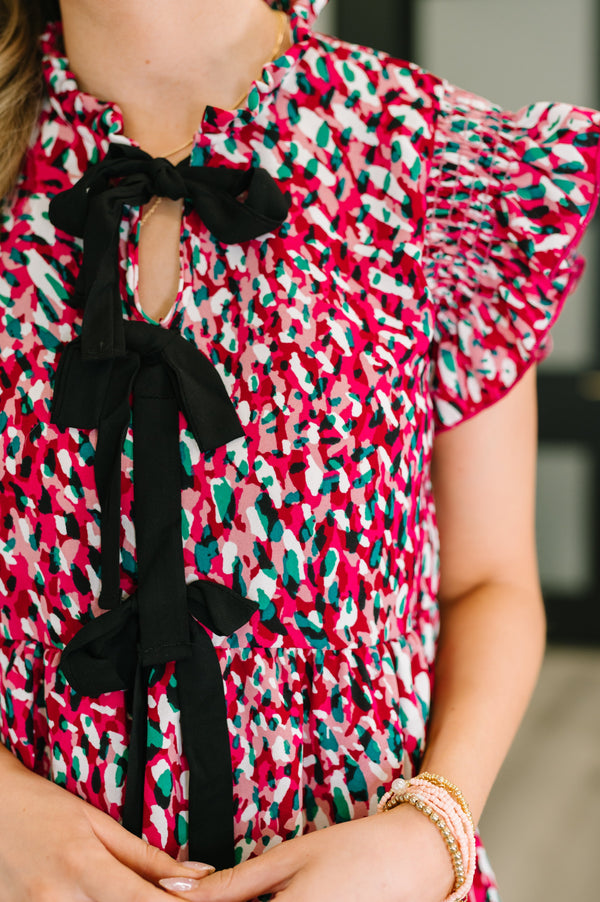 Pattern Pending Bow Detail Dress in Fuchsia and Black-Womens-Villari Chic, women's online fashion boutique in Severna, Maryland