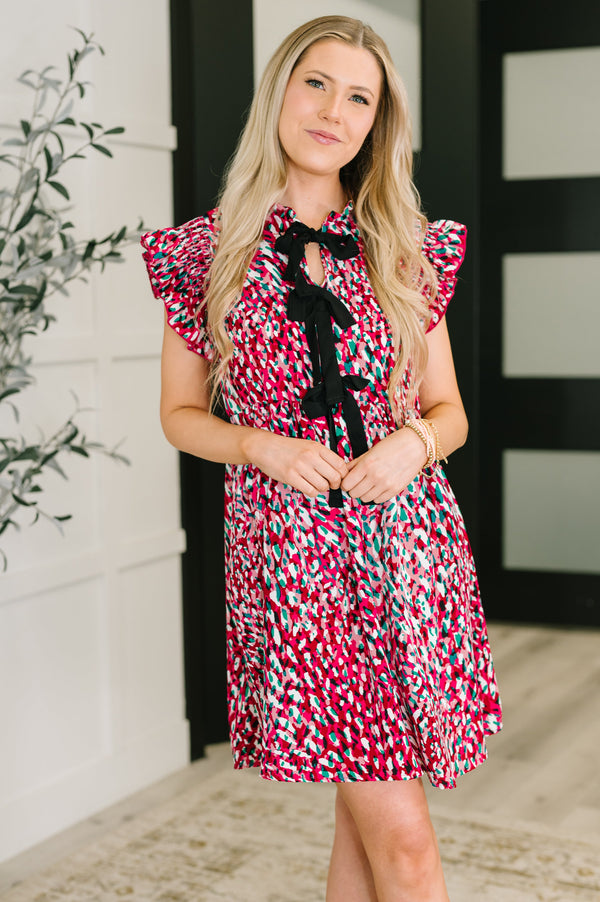 Pattern Pending Bow Detail Dress in Fuchsia and Black-Womens-Villari Chic, women's online fashion boutique in Severna, Maryland