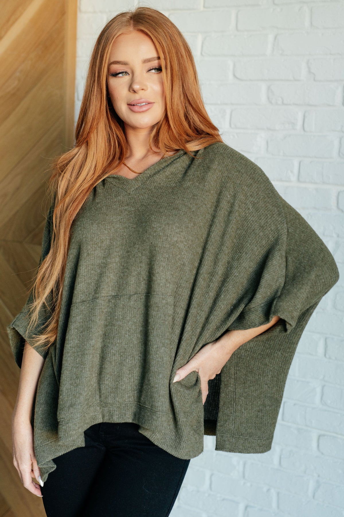 Perfectly Poised Hooded Poncho in Olive-Layers-Villari Chic, women's online fashion boutique in Severna, Maryland