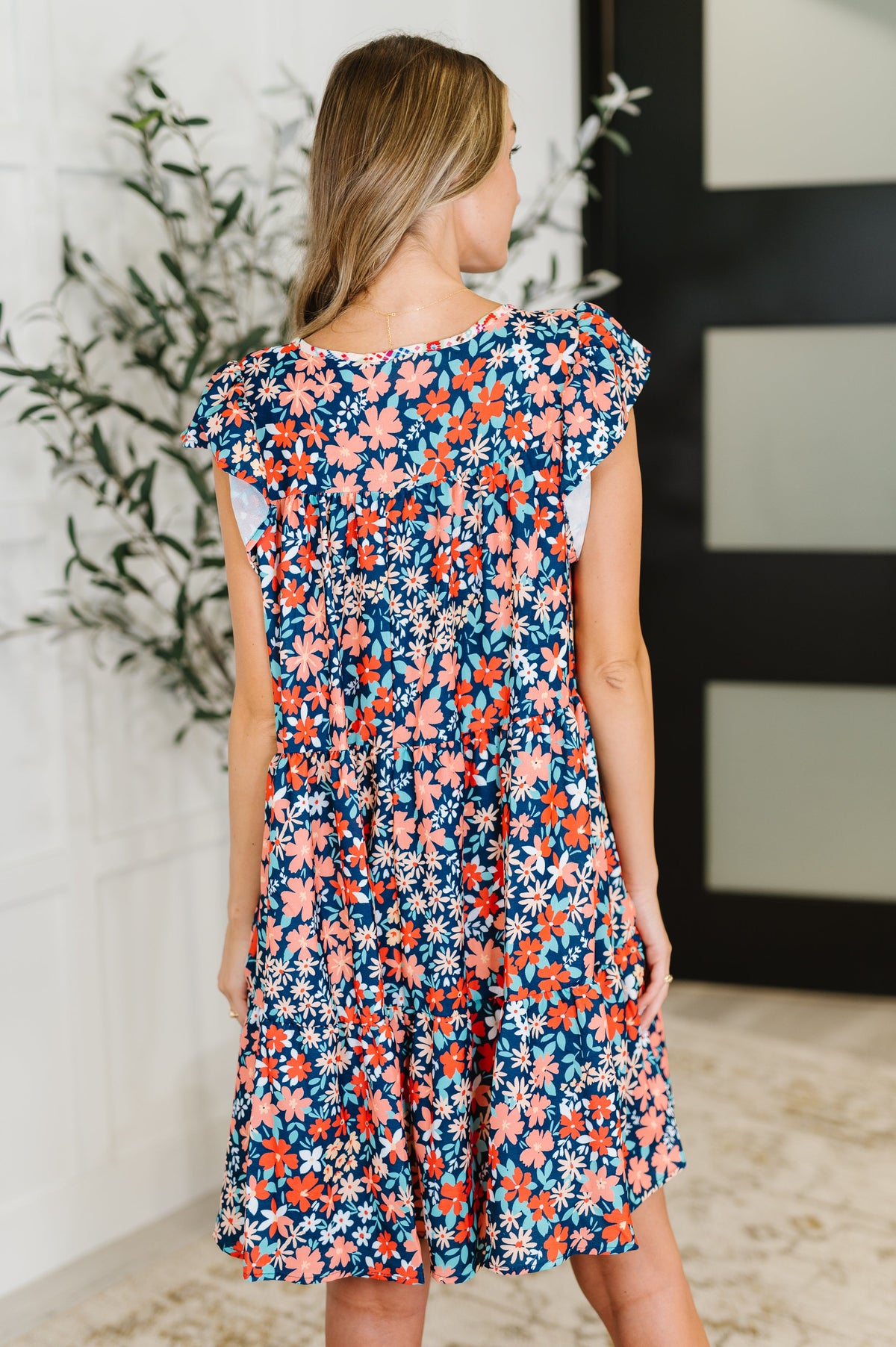 Petal to the Metal Flutter Sleeve Dress in Navy/Coral-Womens-Villari Chic, women's online fashion boutique in Severna, Maryland